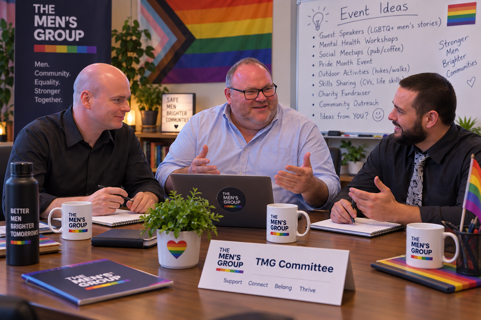 Three men sharing ideas around a table